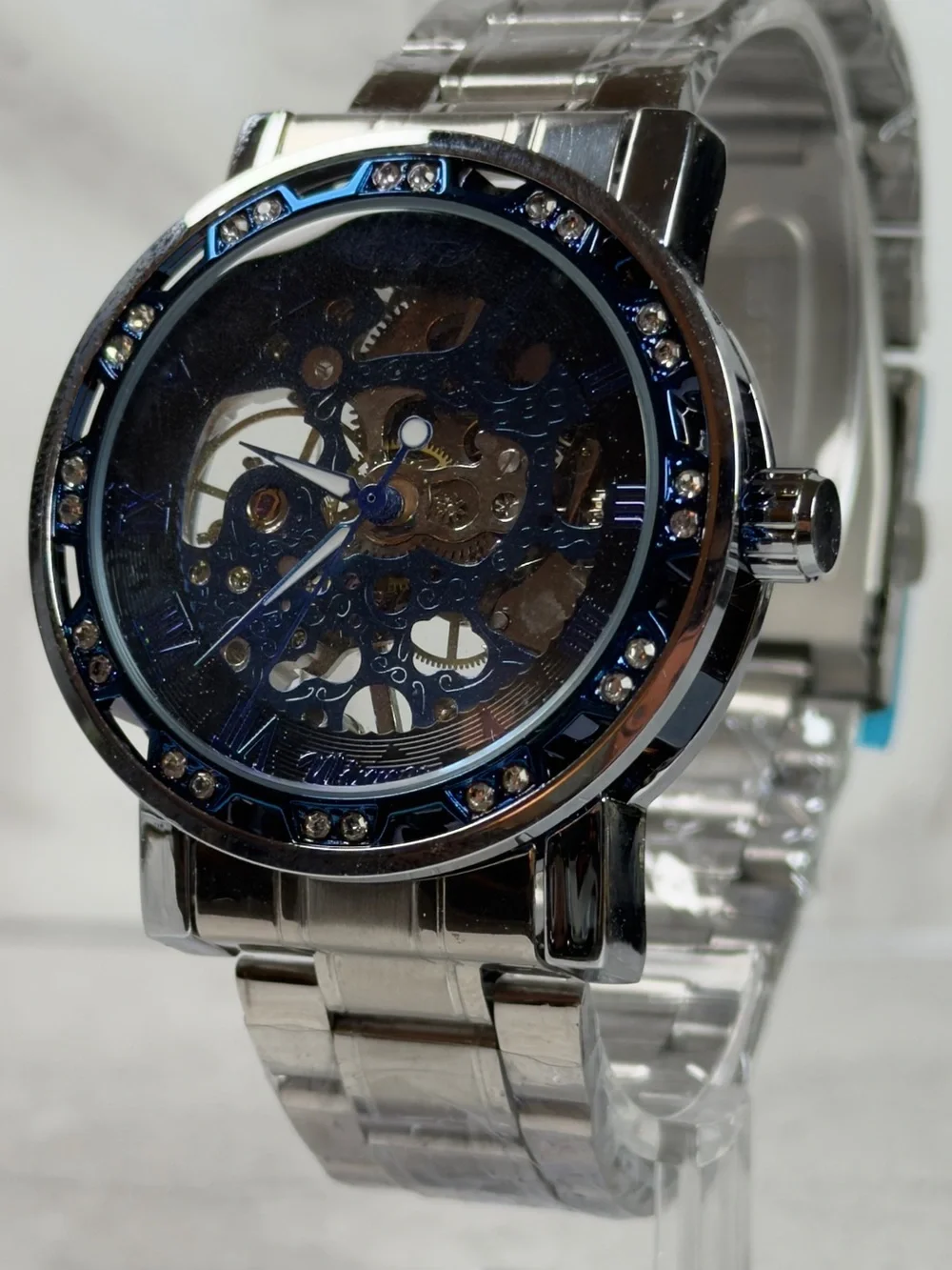 Mechanical Automatic Skeleton Dial Watch Blue Bezel Steel Bracelet 40mm 24J
